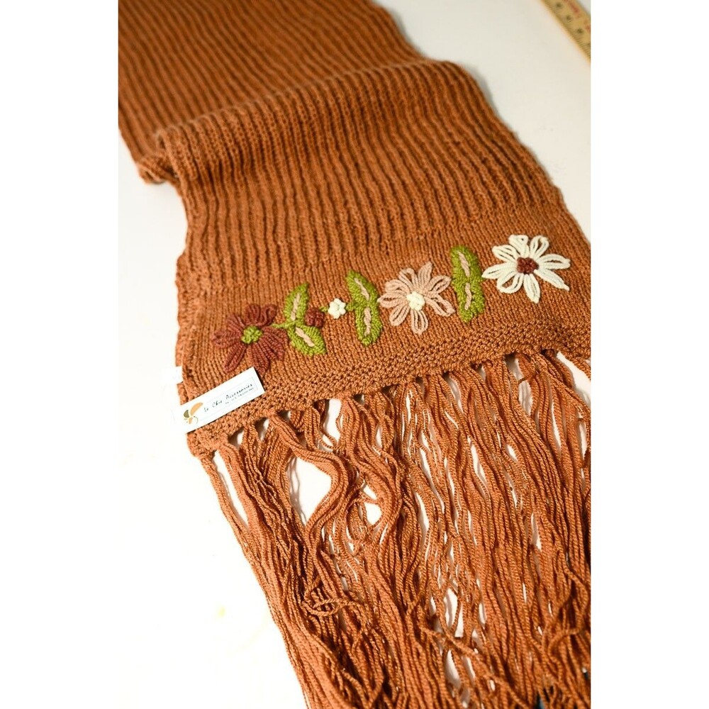 Le Chie Accessories Brown‎ knit embroidered flowers scarf floral fringe